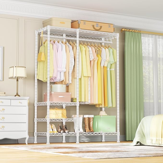 Ulif F4 Heavy Duty Clothes Rack (With Hanger Rod) Freestanding Clothing Racks for Hanging Clothes，Adjustable Closet Organizer System, Portable Garment Rack 45"W x 15.8"D x 71.3"H,Max Load 600LBS,White