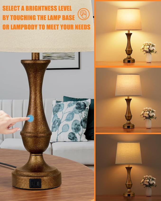 Seealle Upgraded Touch Lamps for Night Stands Set of 2 - Bedside Lamps with USB C+A, 3 Way Dimmable for Bedroom Living Room End Tables Office (Brown&Oat)
