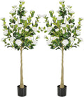 Bellacat 5ft Artificial Camellia Tree with Silk White Flowers, 60in Faux Camellia Plant with Lifelike Trunk, Fake Flower Tree Potted Front Door Plants for Porch Patio Deck Living Room Decor, 2Pack