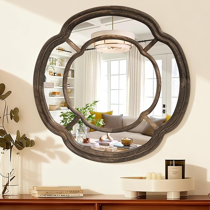 Irregular Wall Mirror, Large Round Wavy Hanging Mirror Circle Wooden Framed Decorative Mirrors 20 Inch for Living Room Hallway Entryway Decor Mirrors