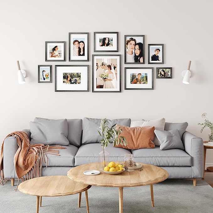Egofine 12x16 Picture Frames Set of 4, Made of Solid Wood Covered by Plexiglass 9x12 and 11x14 with Mat or 12x16 without Mat, for Wall Mounting Photo Frame Rustic Black