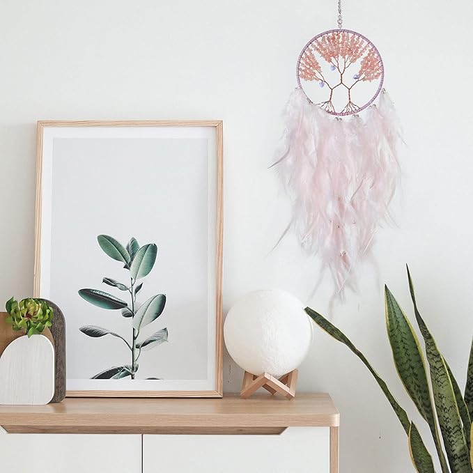 Pretty Jolly Double Tree of Life Dream Catcher Wall Decor with Healing Crystal Stone Handmade White Light Pink Feather Dream Catchers Decoration Wall Hanging Bedroom Wedding Party Blessing Gift-25.6"