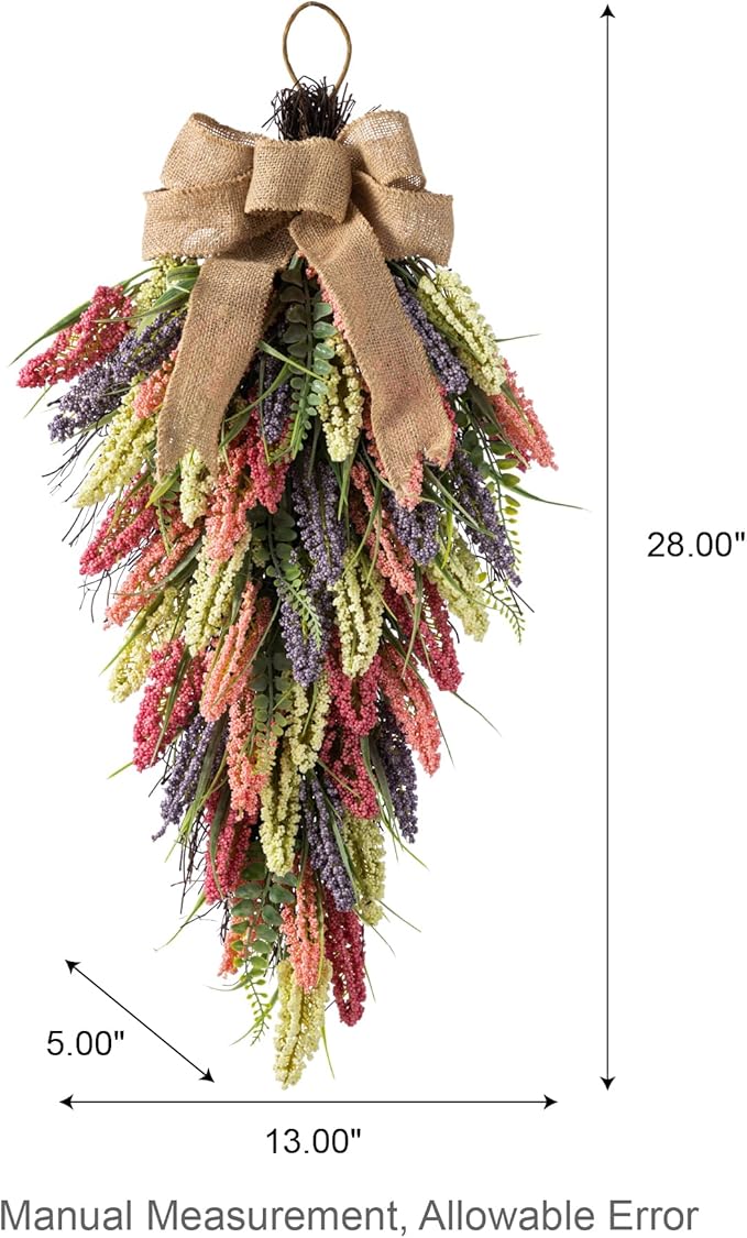 Glitzhome 28" Heather Teardrop, Spring Summer Artificial Swag Wreath for Front Door Wall Mantel and Window Decor