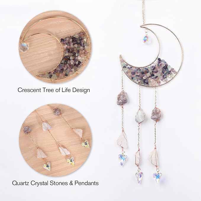 Mini Cobblestone Color Crescent Moon Crystals Sun Catcher Dream Catchers Gemstone Suncatcher with Heart Ornament Handmade Dreamcatcher Wall Decor for Adults Girls Bedroom Wedding Garden Bless Gift