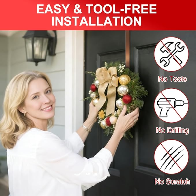 2-Pack Adjustable Wreath Hangers for Front Door Decor, 12.5-20" Heavy Duty Metal Over The Door Hooks (22 lbs) for Easter & Welcome Signs, Ultra-Thin Scratch-Free Holder for Tall & Storm Doors