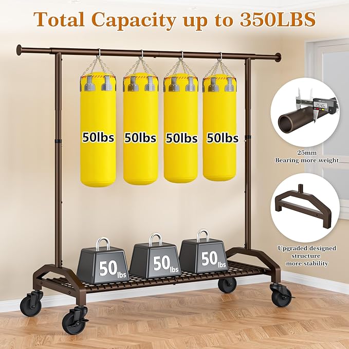 Heavy Duty Clothes Rack for Hanging Clothes Extendable Rolling Clothing Rack for Hanging Clothes 51 to 71" W x 16.53" D x 65" to 71" H 350lbs Snap Adjust Height Coat Rack