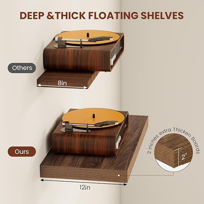 Vivelove Wide Floating Shelves for Wall 12 Inch Deep, 47.2" X 12" X 2" Floating Shelf, 2 Inch Thick Shelf for Living Room Bathroom Bedroom Kitchen Book Room, Rustic Farmhouse Decor Set of 2, Walnut