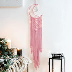 ANROYE Macrame Moon Dream Catcher for Girl, Pink Boho Crescent Dreamcatcher for Bedroom Adult, Handmade Kids Nursery Room Wall Hanging with Star Pendant for Teen, Bohemian Home Decoration Idea