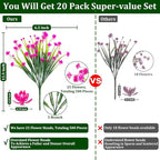 TURNMEON 20 Bundles Artificial Flowers for Outdoors Fake Plants Spring Decor, UV Resistant Artificial Plants Cemetery Flowers Faux Plastic Greenery Shrub for Porch Yard Summer Decor 500 Heads(Pink)