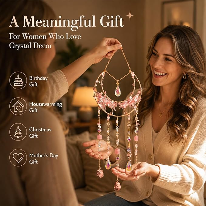 AWLEE Crystal Dream Catcher Pink, Boho Moon Dream Catchers for Adults Girls, Handmade Crystal Dreamcatcher Wall Hanging for Bedroom Living Room Window Garden Décor