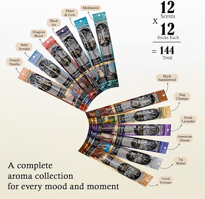 Tulasi Blunt Action Incense Sticks, 12 Packs, 144Pc, Long Lasting Fragrance, Natural Essential Oils Hand Rolled Incense Sticks for Aromatherapy, Relaxing, Yoga, Meditation, Prayer