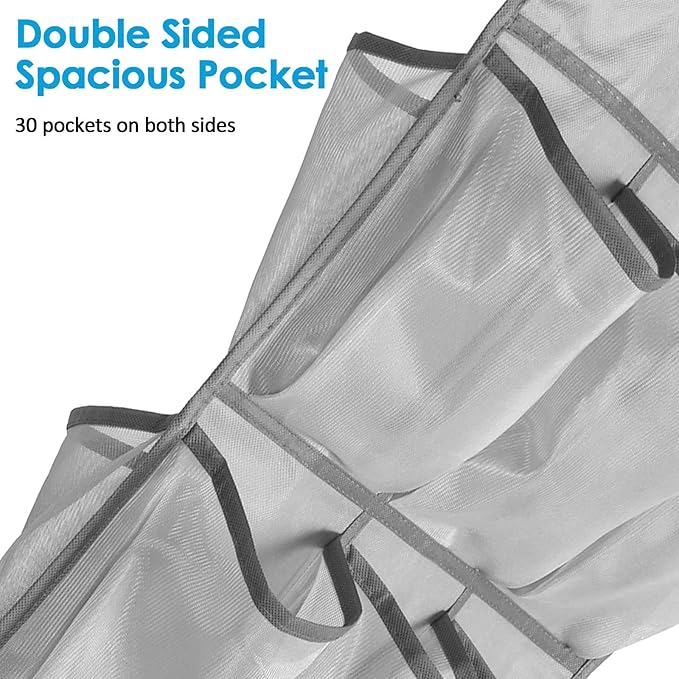 2Pcs 30 Large Pockets Dual Sided Hanging Shoe Organizer for Closet Shoe Storage Shelves with 360 Rotating Hanger Space Saving Storage Bag Hanging Shoe Rack for Bedroom Laundry Room,Gray