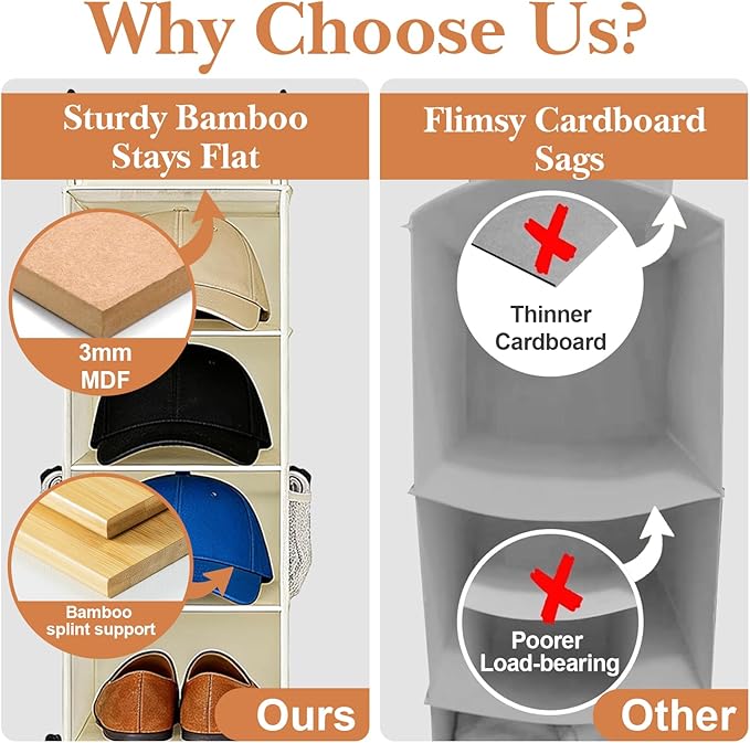 VERONLY Hanging Shoe Organizer for Closet with 8 Shelves,Mesh Pockets-Wider Hanging Shelves for Shoes,Clothes,Hats With Sturdy Bamboo-Supported Design (Beige)