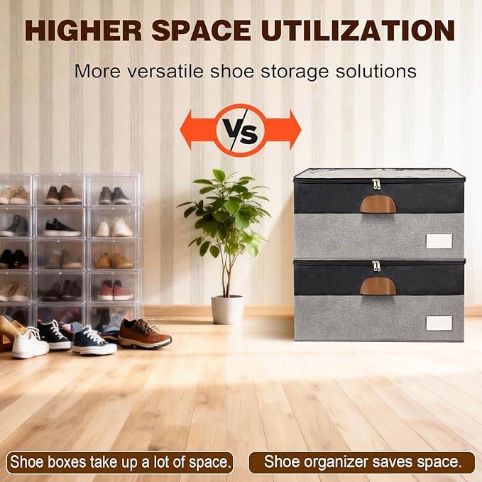 1 Pack Shoe Organizer for Closet, Adjustable Shoe Box Storage Containers, Large Foldable Shoe Bins with Clear Cover, Space Saving Shoes Holder with 4 Handles, Fits 12-24 Pairs, Black
