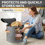 Oversized Hat Storage Box for Women & Men，19" D x 17" H Cowboy Hat Boxes with 1 Wood Hook Felt travel Round Hat Organizer Box with Dustproof Lid (Gray)