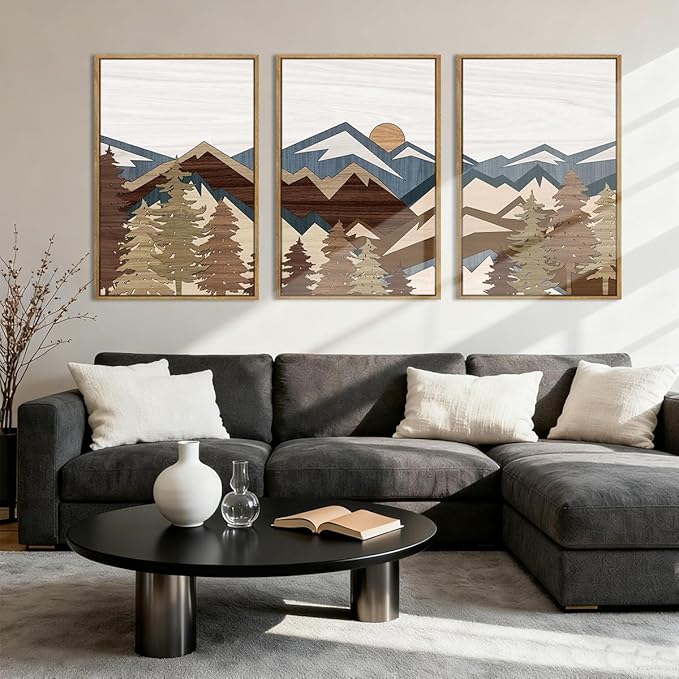 BINCUE Large Boho Mountain Wall Art Framed Mountains Wall Paintings Set of 3 Forest Mountain Sun Wall Decor Boho Landscape Artwork Rustic Mountains Art Prints for Living Room Bedroom Office Farmhouse 24x36 Inch Gift