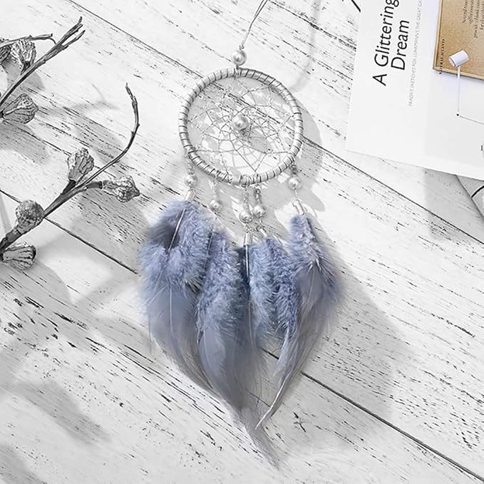 Feather Dream Catcher Rearview Pendant, Small Charm for Car Interior, Wall and Bedroom Hanging Decorations (Gray)