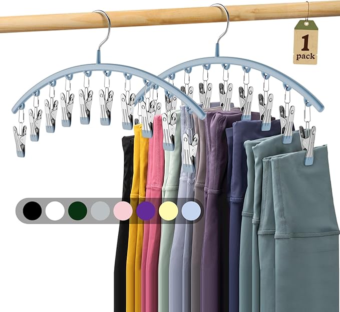 Legging Organizer for Closet, Metal Yoga Pants Hanger w/Rubber Coated 1 Pack w/10 Clips Hold 10 Leggings, Hangers Space Saving Hanging for Closet Organizers and Storage-Blue