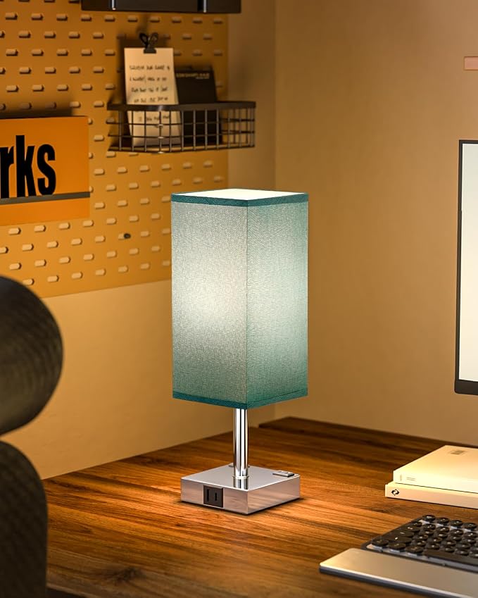 Touch Bedside Table Lamp For Nightstand - 3-Way Dimmable Night Lamp with USB A + Type C Charging Ports and two AC Outlets, Small Desk Light with E26 Bulb for Bedroom Living Room Dorm, Turquoise