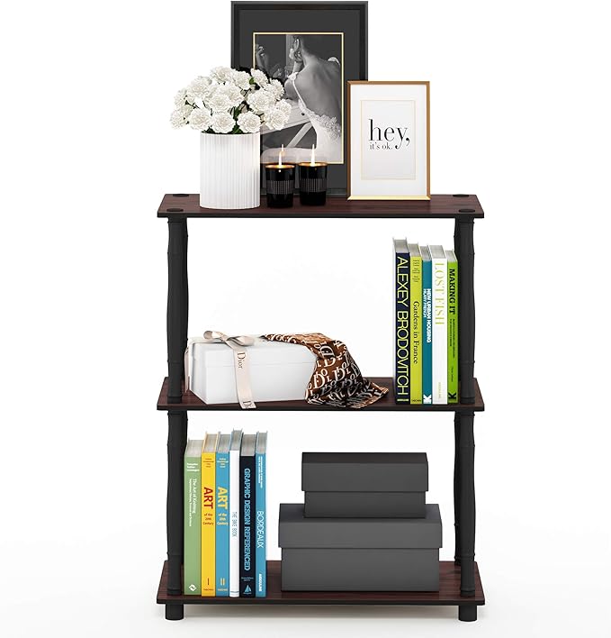 Furinno Turn-N-Tube 3-Tier Compact Multipurpose Shelf Display Rack with Classic Tube, Dark Cherry/Black
