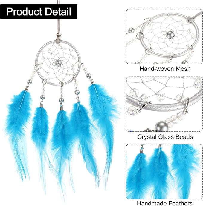 uxcell 2pcs Dream Catchers, Small Handmade Feather Dreamcatcher Supplies Car Charm with Crystal Beads Wall Hanging Decor for Home Car Decoration Ornament Women Friend Gift, Blue