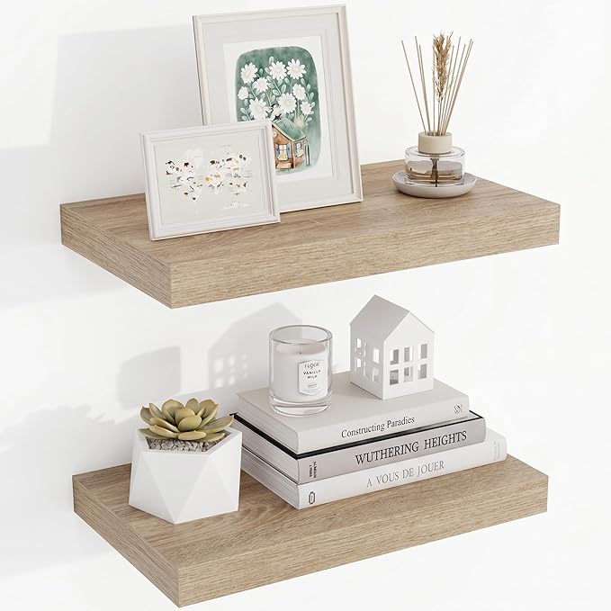 Acovy 16 Inch Floating Shelves, 3D Textured Wood Grain, 16"x9.25"x1.5" Inch Deep Floating Shelves for Wall, Wooden Shelves for Bathroom, Bedroom, Living Room, Vintage White Oak, 2 Pieces