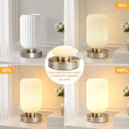 LightRound Cordless Table Lamp for Bedroom, 7500mAh Rechargeable Small Battery Lamp, Modern Touch Dimmable Wireless Lamp Brushed Nickel Base White Glass Shade for Living Room, Desk, Led Bulb Included