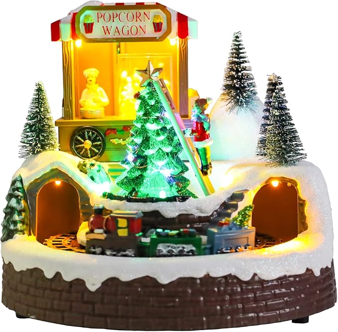 WONDER GARDEN Christmas Village Houses-Christmas Houses Village - Lighted Colorful Musical Popcorn Wagon Collectible Buildings with Moving Train for Home Indoor Decor or Gift