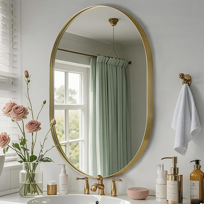 Gold Oval Mirror, 24"x36" Oval Bathroom Mirror, Brushed Gold Mirror with Aluminium Alloy Frame, Anti-Rust, Tempered Glass