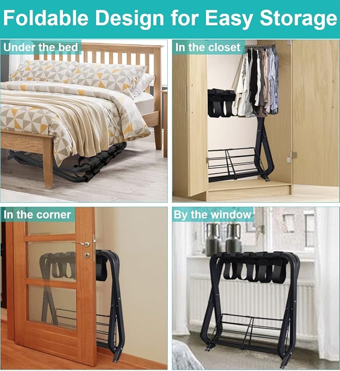 Folding Luggage Rack with 2-tiers Storage Shelf, Foldable Steel Frame Luggage Organizers for Suitcase, Metal Luggage Holder for Guest room, Bedroom, Hotel, Closet, Black, 1pack
