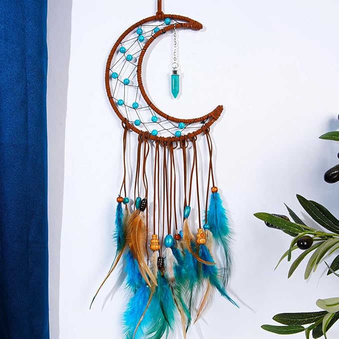 MEXIDAWN DIY Feather Dream Catcher Kits Turquoise Wall Hanging Boho Decor Handmade Dream Catcher for Adults, Moon