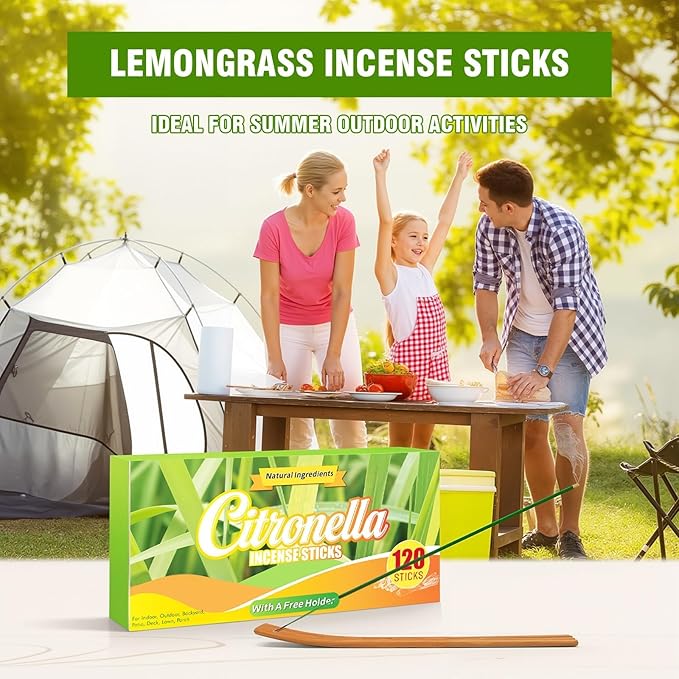 FIRIK Citronella Incense Sticks Outdoor, 120 PCS Lemongrass Incense Sticks with Wooden Holder for Home Pool Side Garden, Patio, Camping Trips, Porches, Courtyards, Farm, Backyard