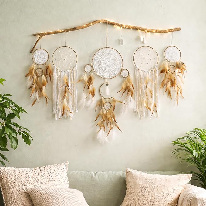 Dream Catcher Boho Macrame Wall Art - 31" Large Feather Dreamcatchers for Bedroom Moon Wall Decor by Native American for Women, Teen Girls