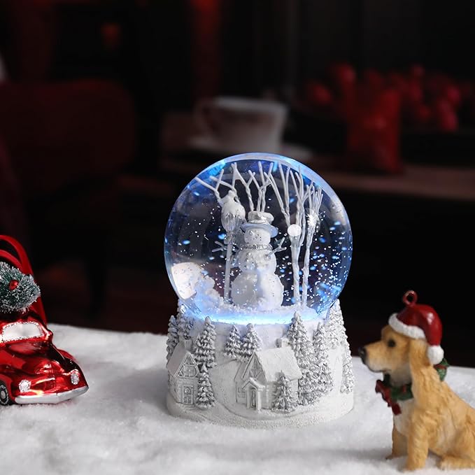 Christmas Snow Globe Musical Snowman Country Village Silver Xmas Tree White Water Snow Globes LED Light Change Music Box Home Christmas Decor for Kids Snowman Snow Globes