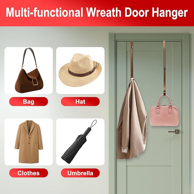 2-Pack Adjustable Wreath Hangers for Front Door Decor, 12.5-20" Heavy Duty Metal Over The Door Hooks (22 lbs) for Easter & Welcome Signs, Ultra-Thin Scratch-Free Holder for Tall & Storm Doors