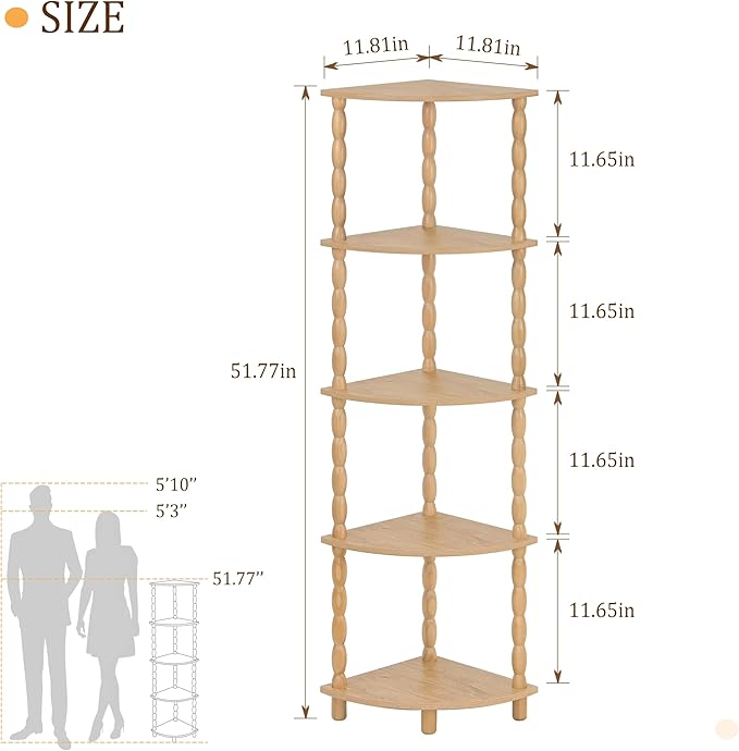 MaxSmeo Corner Bookshelf, 5-Tier Corner Shelf Stand, Modern Corner Plant Shelves with Storage, for Bedroom, Bathroom, Kitchen, Living Room (Rustic Walnut)