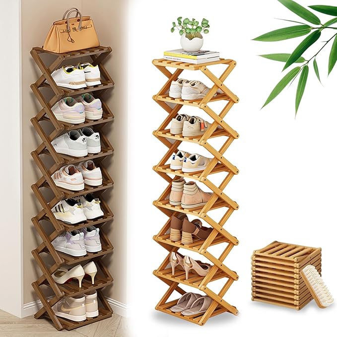 DDRIC The 9-Tier No-Assembly Bamboo Rack, Foldable 9 Tier Bamboo Shoe Rack with Collapsible Vertical Design, Space-Saving Shoe Storage Shelf for Entryway Closet Dorm, No-Tool Assembly (Nuture,8)