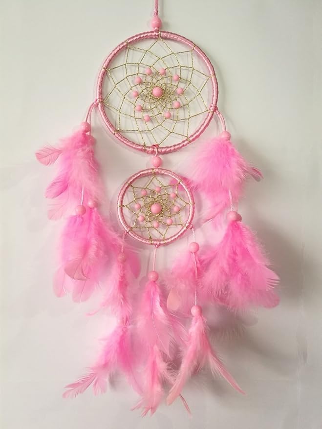 Handmade Homemade Beautiful Natural Feathers Double Pink Dream Catcher Wall Hanging Home Decoration