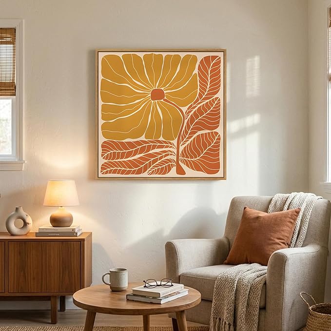Framed Boho Abstract Floral Wall Art for Living Room, Square Orange Flower Canvas Artwork for Walls, Mid Century Modern Bohemian Pictures Wall Decor for Bedroom Dining Room Hallway Office, 24x24 Inch