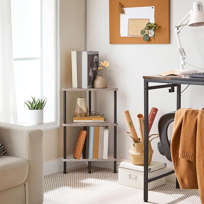 HOOBRO Corner Shelf Stand, Industrial 3-Tier Wall Corner Bookshelf with Metal Frame, Plant Display Shelf, Bookcase for Small Spaces, Living Room, Greige and Black BG30CJ01
