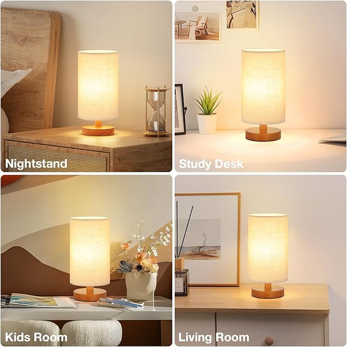 Fenmzee Small Table Lamp for Bedroom - Inline Control, Bedside Lamp with 3000K A15 LED Blub, Easy Assembly (Beige Shade - Walnut Base, 9" Inline Control)