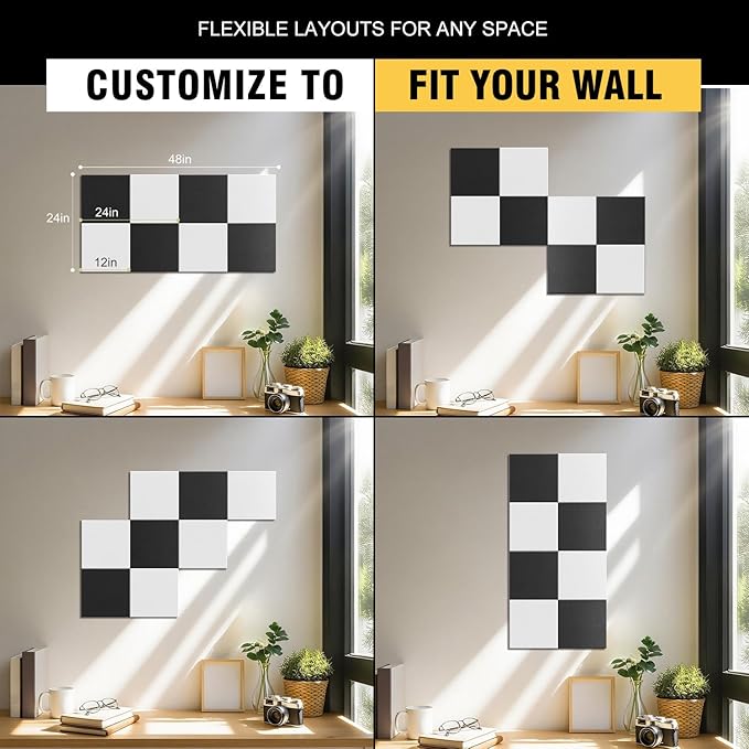 TSJOFFICE Large Cork Board for Wall - 48" x 24" Bulletin Board with 30 Pushpins for Office Decor, Pin Board 8 Pack Felt Tiles with Safe Removable Adhesive Tabs, Corkboard for Home - Black & White