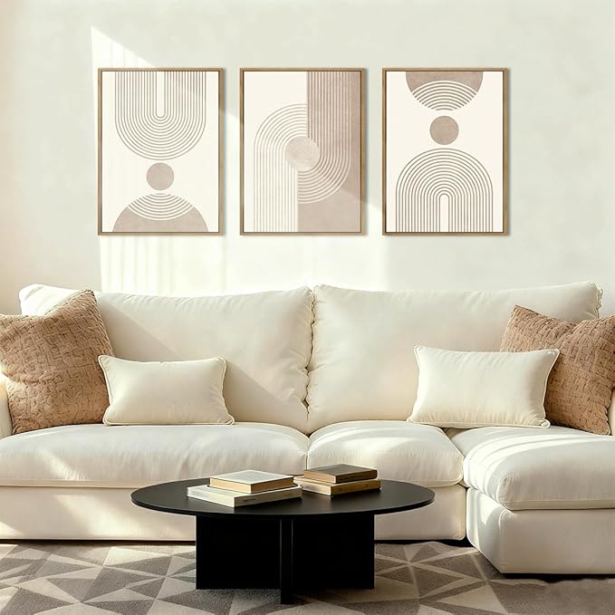 BINCUE Neutral Abstract Wall Art Boho Geometric Wall Decor Mid Century Modern Artwork Boho Abstract Art Prints Beige Abstract Paintings Elegant Modern Wall Pictures for Living Room Bedroom Office 12" Lx16 W Set of 3 Gift