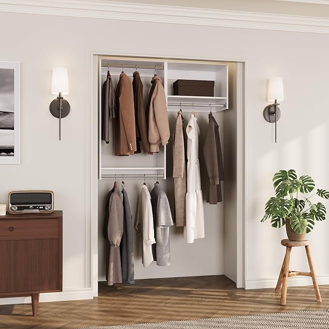 ROOMTEC Modular Closet System, 67" Wall-Mounted Closet Organizer with Hanging Rods, Wooden Tower for Walk-In Closets, Wardrobe Storage Kit, White