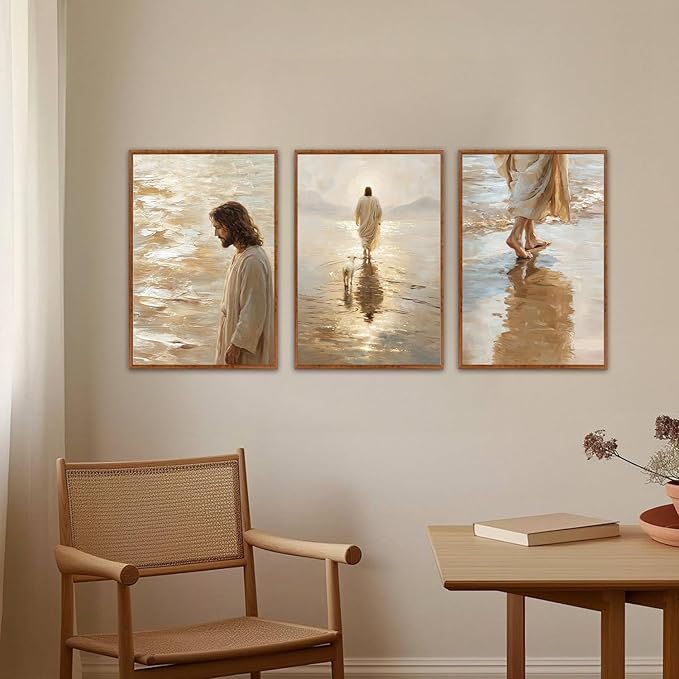 KAlRNE Jesus Walking On Water Wall Art Set of 3(24”X36”),Christian Bible Wall Decor,Neutral Spiritual Framed Canvas Paintings,Lost Sheep Art Prints For Living Room Bedroom Church Office