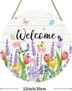 Welcome Spring Summer Tulip Flower Front Door Sign Spring Door Decorations Floral Wooden Hanging Sign Summer Door Hanger Tulip Wreath Wall Sign for Indoor Outdoor Porch Yard Garden Decor 12x12 Inch