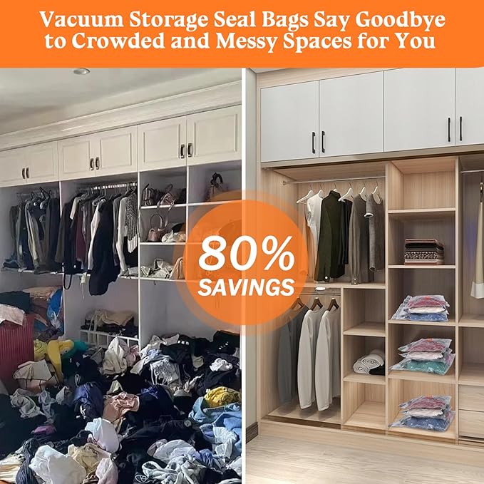 Vacuum Storage Bags for Travel with Pump - 12 Pack Vacuum Seal Bags for Clothing, Blankets, Bedding, Seasonal Storage, 80% Space Saver Compression Packing Bags for Suitcase and Luggage (12PACK)