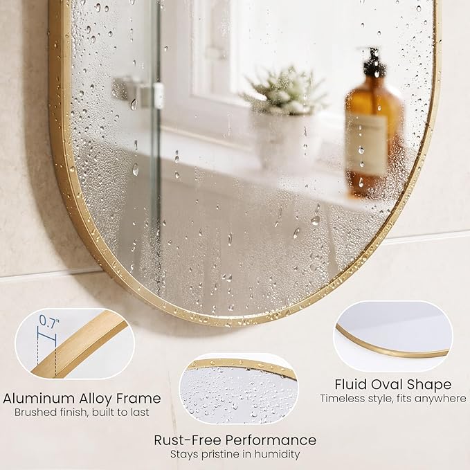 Sweetcrispy 20" x 30" Gold Bathroom Mirror for Wall, Oval Wall Mirrors with Metal Frame, Tempered Glass, Modern Vanity Mirror for Over Sink, Living Room, Bedroom, Entryway, Horizontal or Vertical