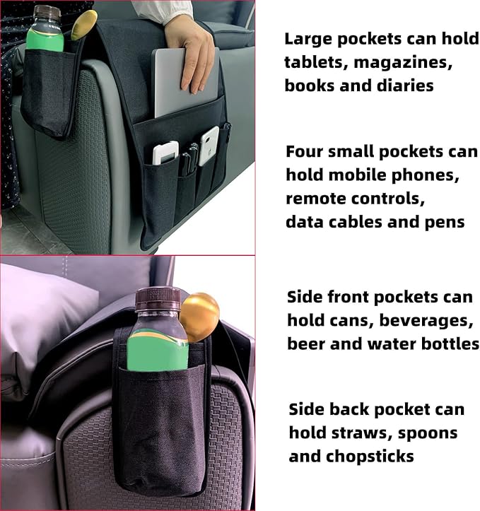 Wanty Sofa Armrest Organizer Couch Arm Chair Caddy Sofa Cover Storage Holder for Remote Control Magazine Book Smart Phone Tablet Drinks and Water Bottle (Black)