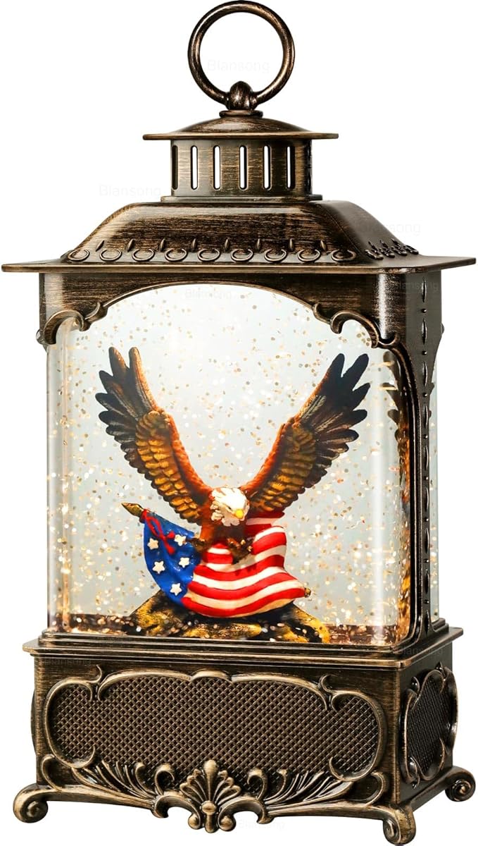 Eagle Snow Globe Lantern 4th of July Decorations Decorations Gifts Auto Snowfall Glitter Music Collection Independence Day Patriotic American Flag with 6H Timer USB/Battery Powered 10.2 inch